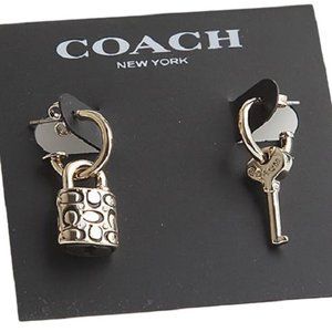 AUTH NEW Coach Goldtone Quilted Padlock & Key Earrings on Card w/Tag & Dust Bag